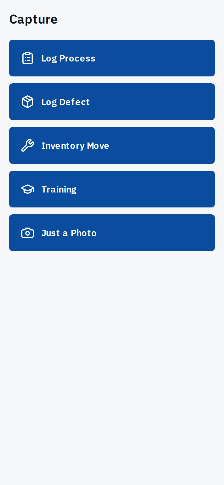 MindDump capture screen on a phone with five large shop-floor actions