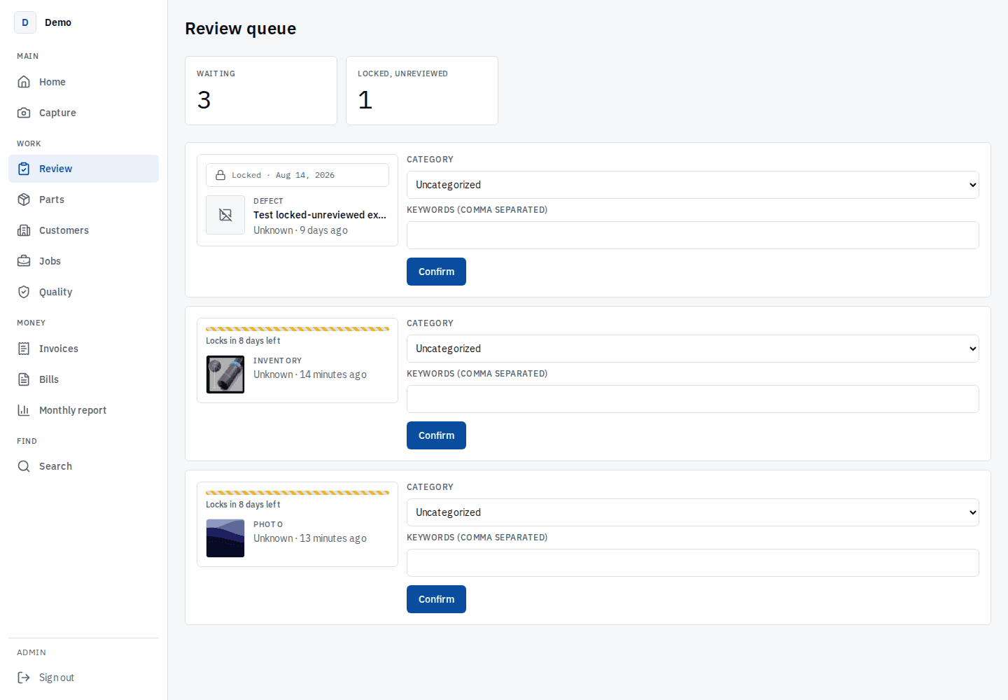 MindDump review queue showing real entries waiting for confirmation